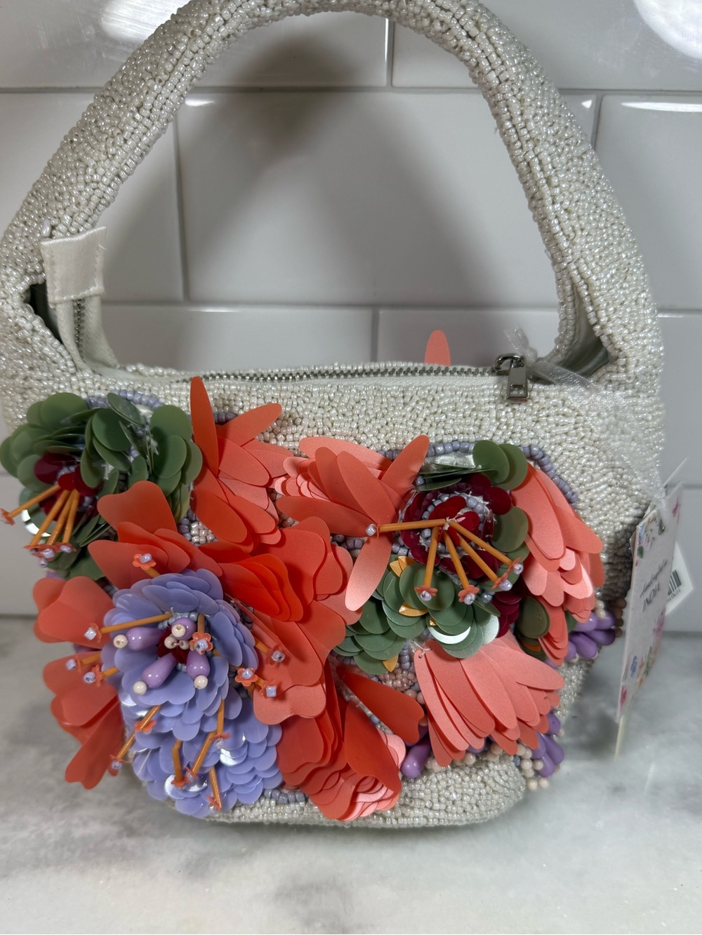 NEW RELEASE Made In India Beaded Coral Blue And Green Floral Bag NWT